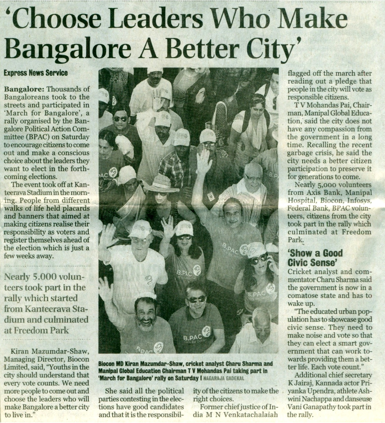 The New Indian Express - Choose Leaders who make Bangalore - 14 Apr, 2013